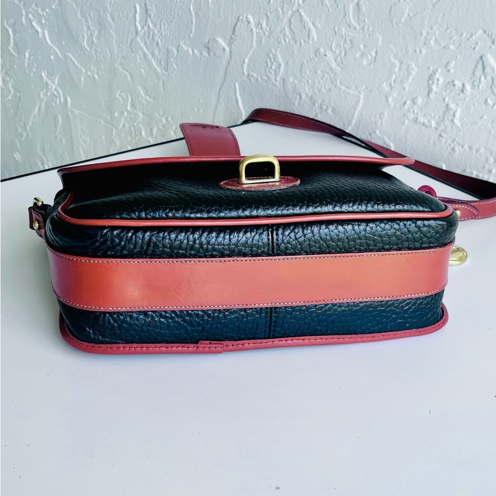 VINTAGE ALL WEATHER LEATHER LARGE EQUESTRIAN BAG BLACK TAN TRIM - Picture 4 of 13
